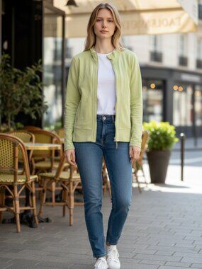 Talbots neon green full zip mock neck sweatshirt SZ M